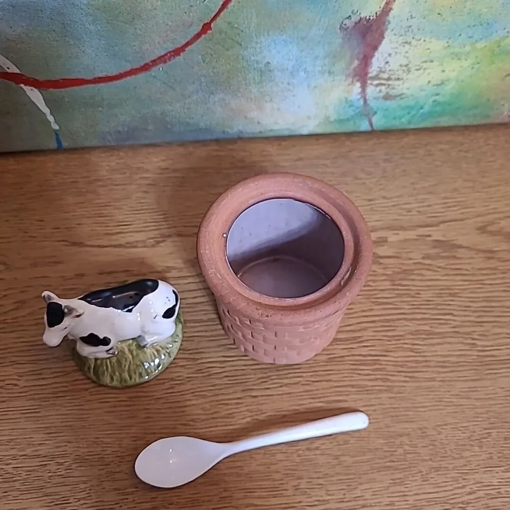 Vtg Takahashi Sugar Jam Jar Trinket Dish Cow Basket Weave with Spoon Japan